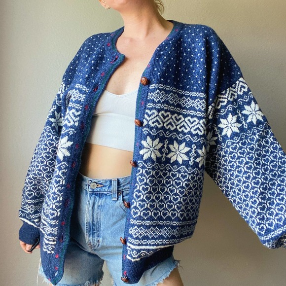 Vintage Sweaters - Vintage Grandpa Blue Ski Sweater Oversized Knit Cardigan